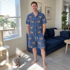 Full-length photo with the pet printed all over this Men's Mittens Mingle Custom Cat Face Shirt & Shorts Set