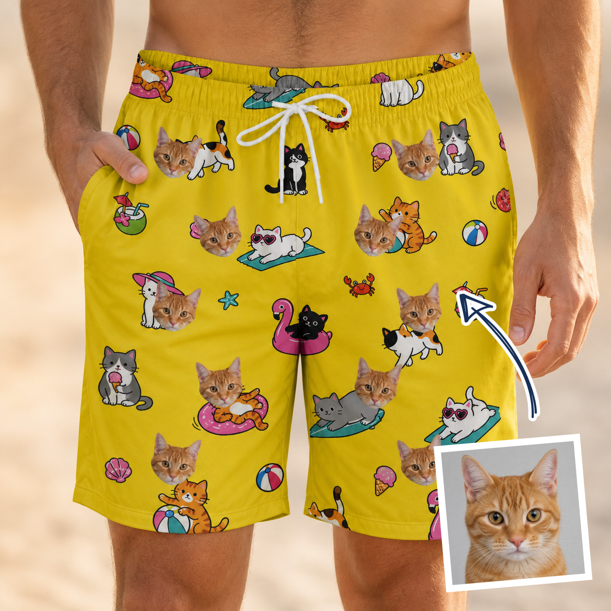 Man wearing Men's Velvet Nuzzles Custom Cat Face Beach Shorts — custom faces printed all-over