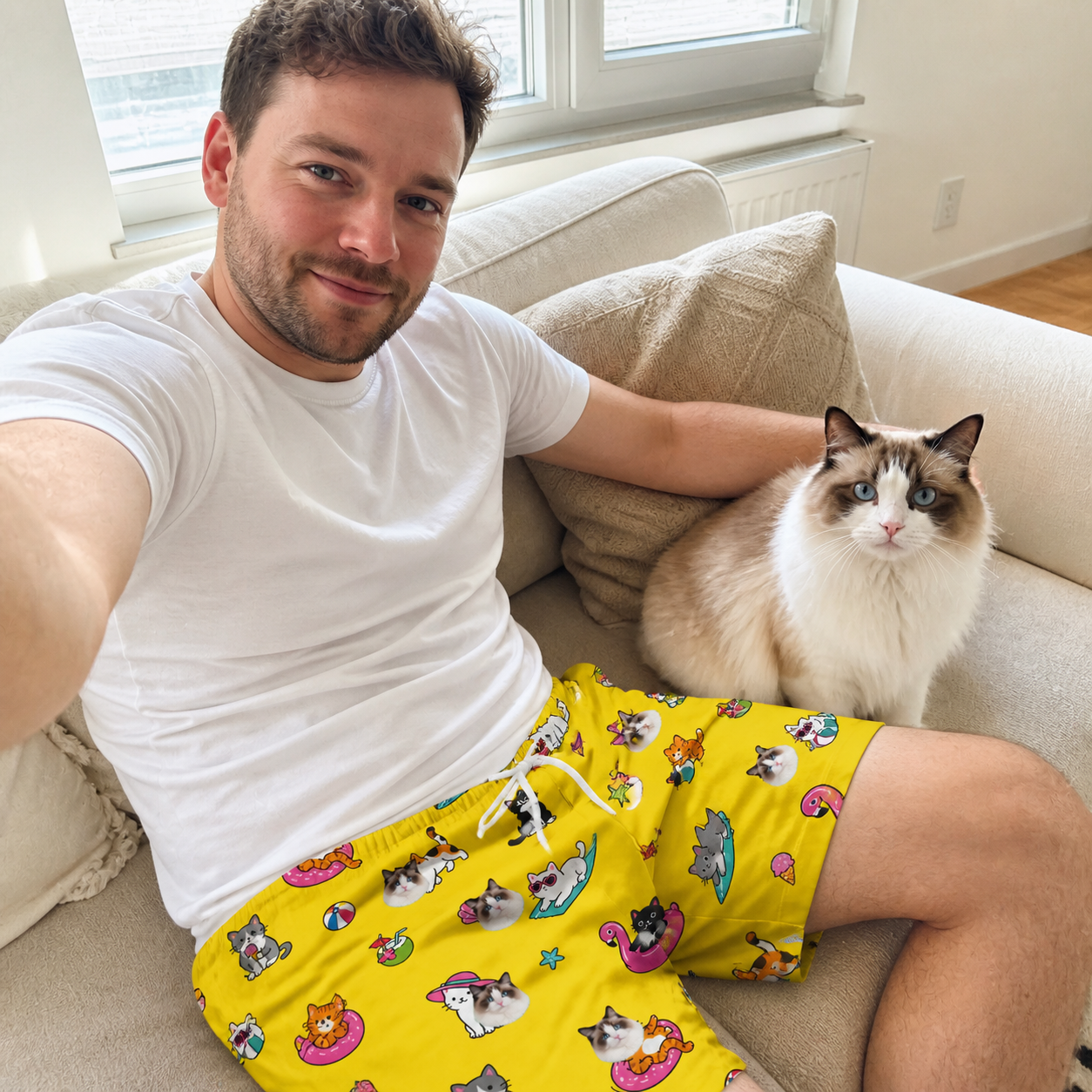 Selfie with the pet whose face is printed all over this Men's Velvet Nuzzles Custom Cat Face Beach Shorts