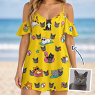 Woman wearing Women's Velvet Nuzzles Custom Cat Face Off-Shoulder Dress — custom faces printed all-over