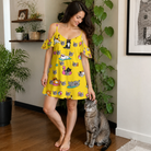 Full-length photo with the pet printed all over this Women's Velvet Nuzzles Custom Cat Face Off-Shoulder Dress