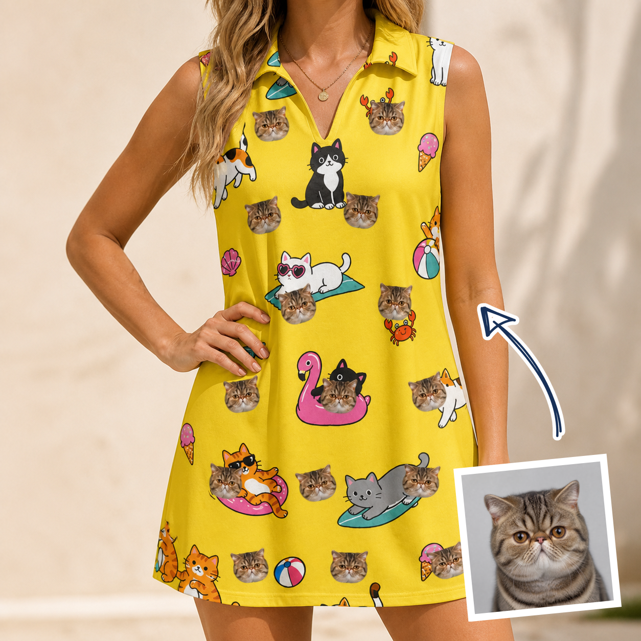 Woman wearing Women's Velvet Nuzzles Custom Cat Face V-Neck Dress — custom faces printed all-over
