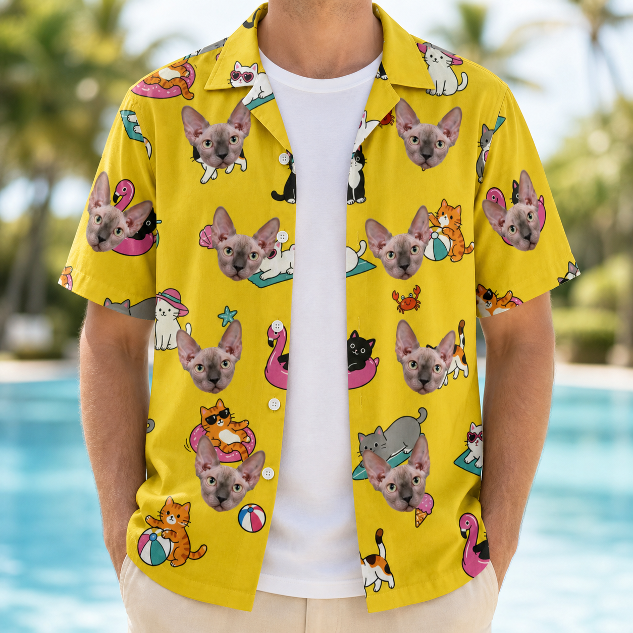 Man wearing Men's Velvet Nuzzles Custom Cat Face Hawaiian Shirt open over a white tee
