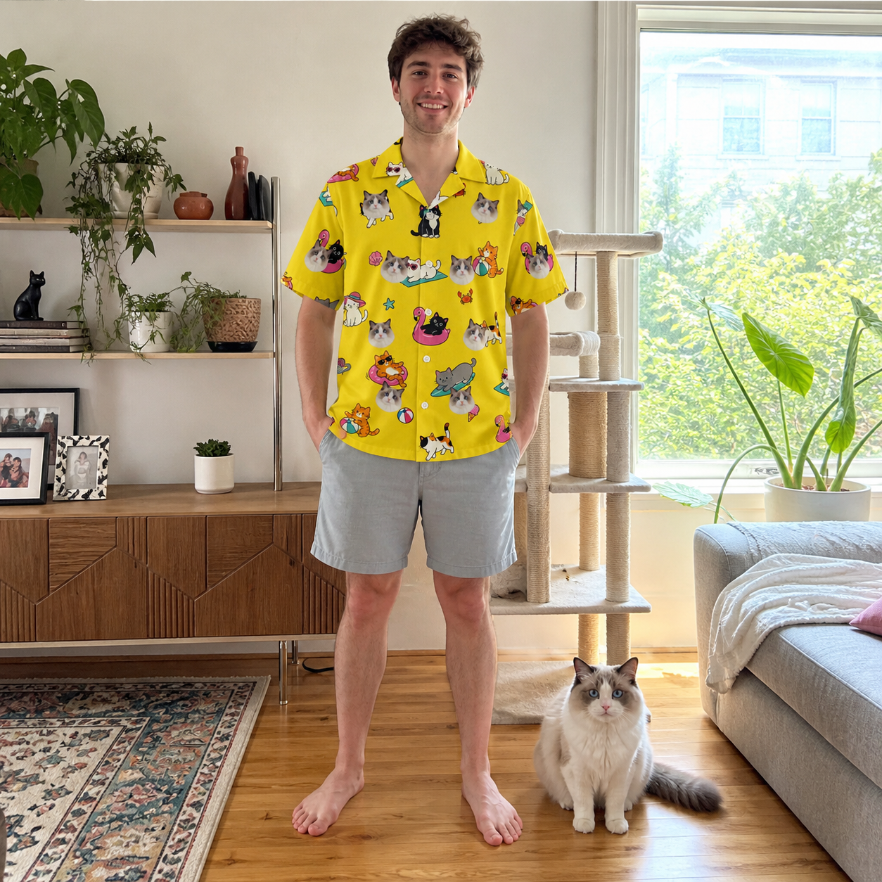 Full-length photo with the pet printed all over this Men's Velvet Nuzzles Custom Cat Face Hawaiian Shirt