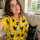 Selfie with the pet whose face is printed all over this Women's Velvet Nuzzles Custom Cat Face Hawaiian Shirt