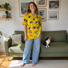 Full-length photo with the pet printed all over this Women's Velvet Nuzzles Custom Cat Face Hawaiian Shirt