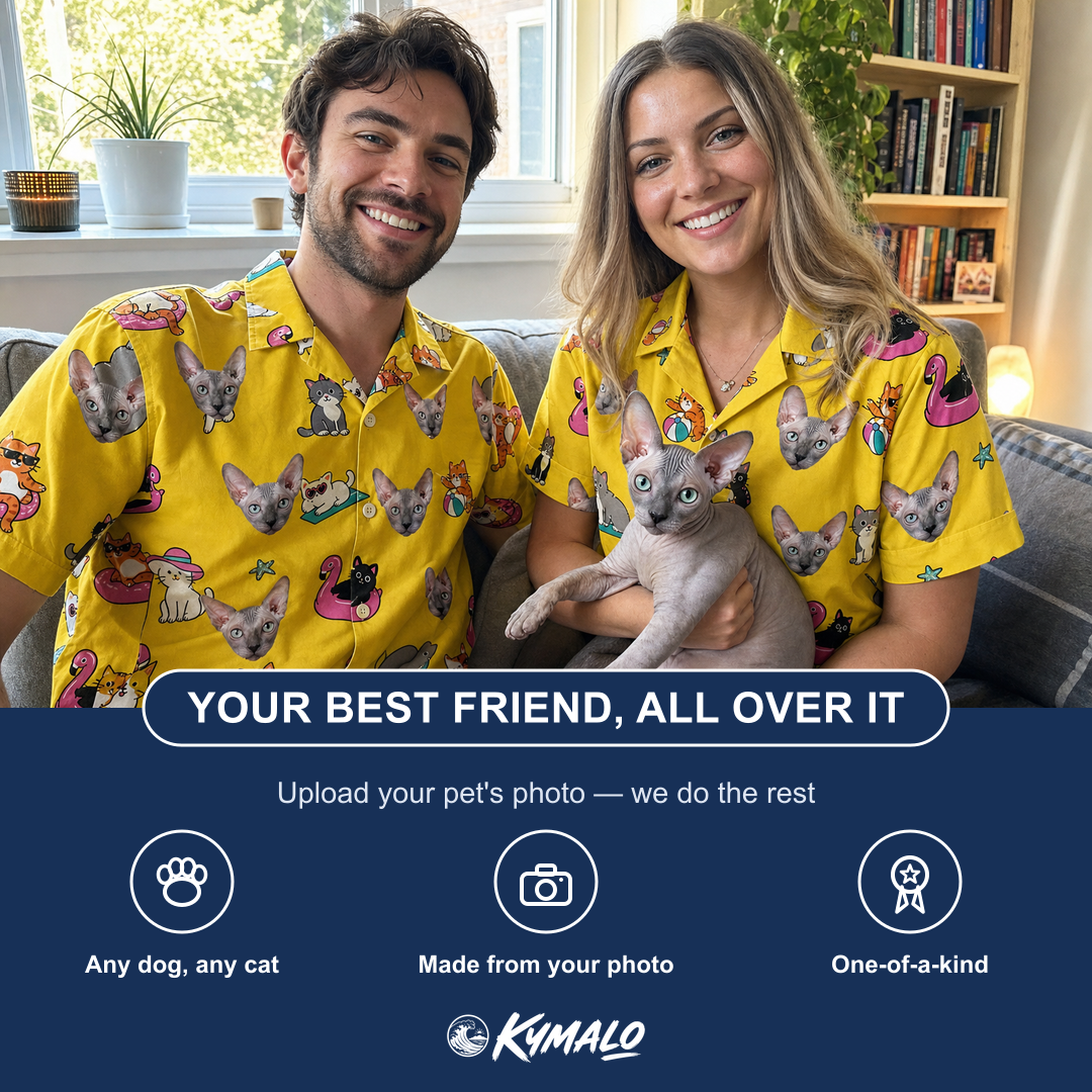 Friends in matching Women's Velvet Nuzzles Custom Cat Face Hawaiian Shirt — a group gift photo
