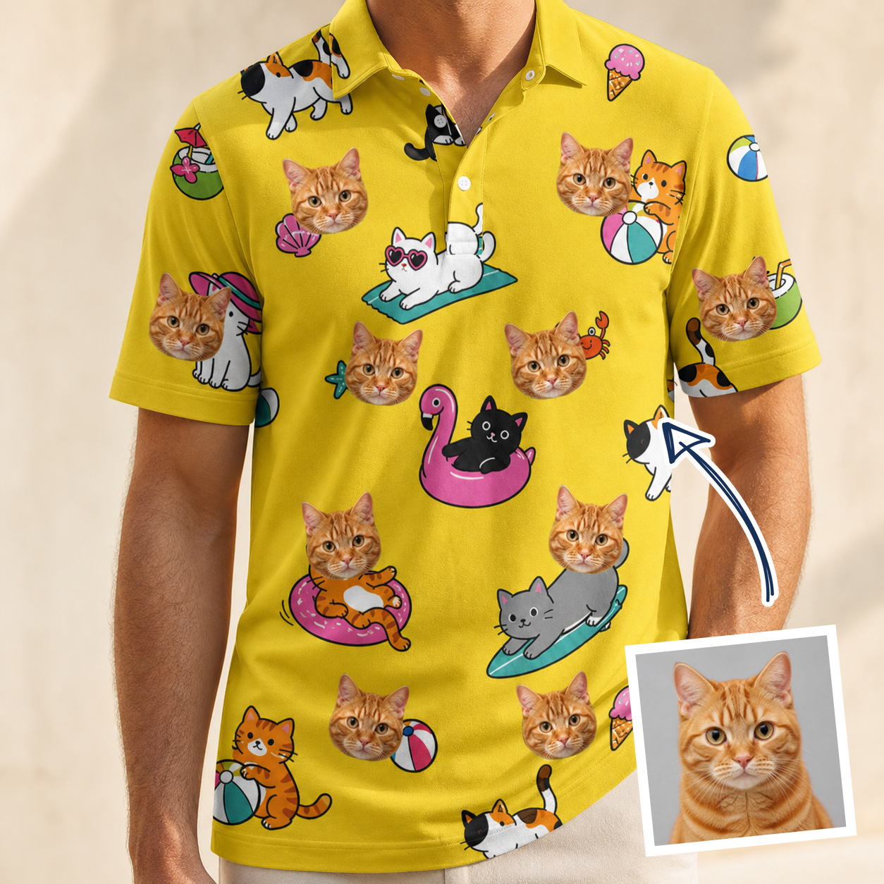 Man wearing Men's Velvet Nuzzles Custom Cat Face Polo Shirt — custom faces printed all-over