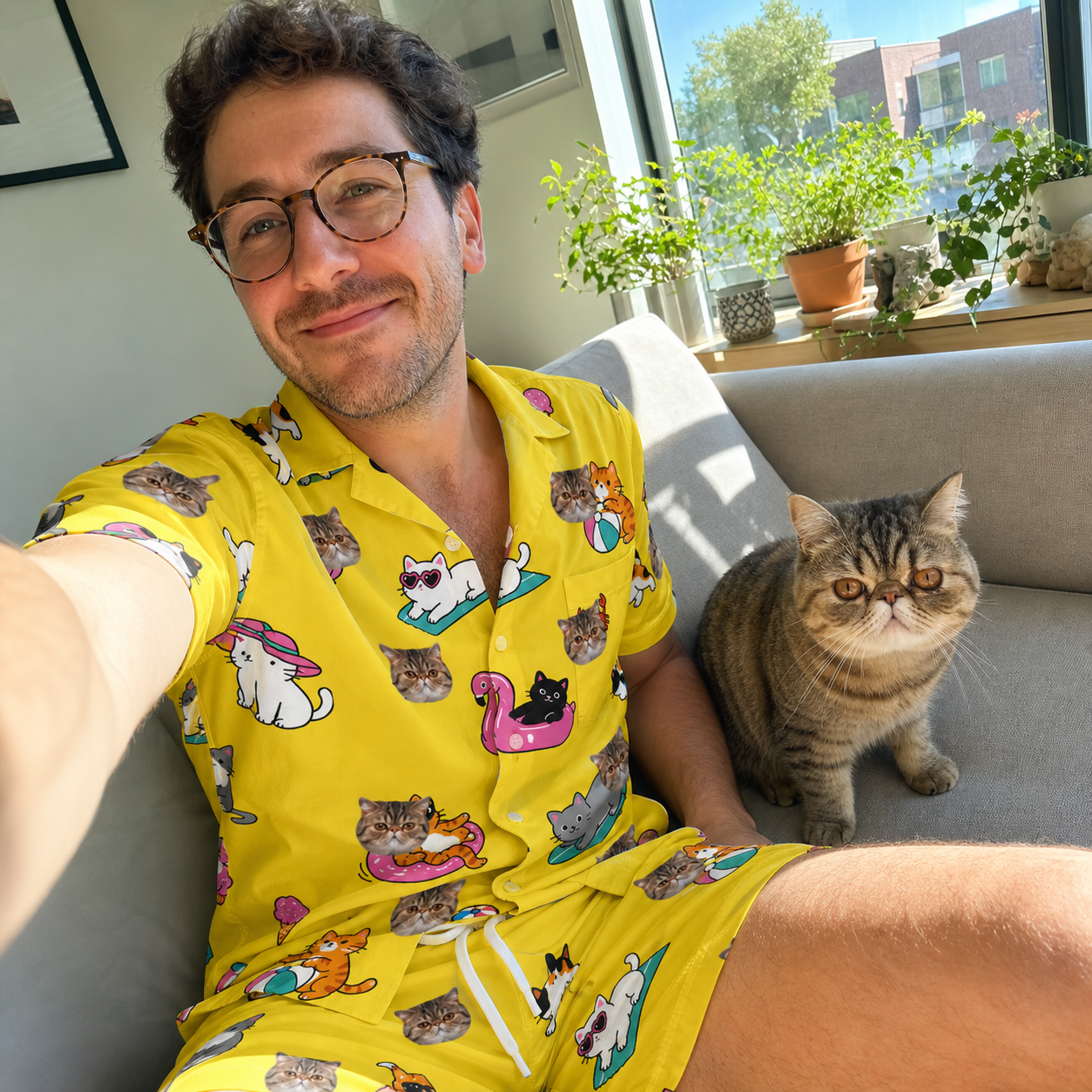 Selfie with the pet whose face is printed all over this Men's Velvet Nuzzles Custom Cat Face Shirt & Shorts Set