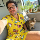 Selfie with the pet whose face is printed all over this Men's Velvet Nuzzles Custom Cat Face Shirt & Shorts Set