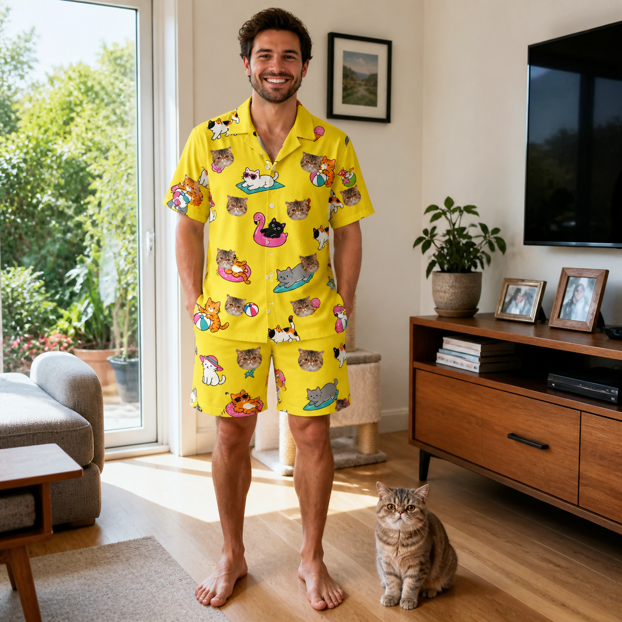 Full-length photo with the pet printed all over this Men's Velvet Nuzzles Custom Cat Face Shirt & Shorts Set