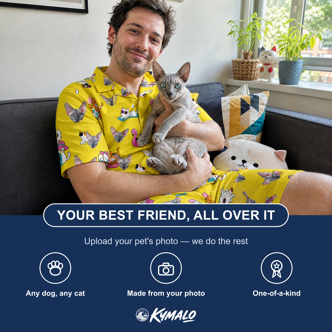 Friends in matching Men's Velvet Nuzzles Custom Cat Face Shirt & Shorts Set — a group gift photo