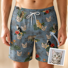 Man wearing Men's Kitten Kaboodle Custom Cat Face Beach Shorts — custom faces printed all-over