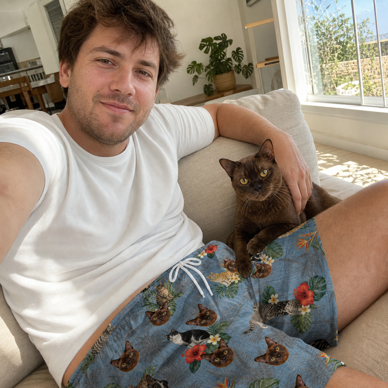 Selfie with the pet whose face is printed all over this Men's Kitten Kaboodle Custom Cat Face Beach Shorts