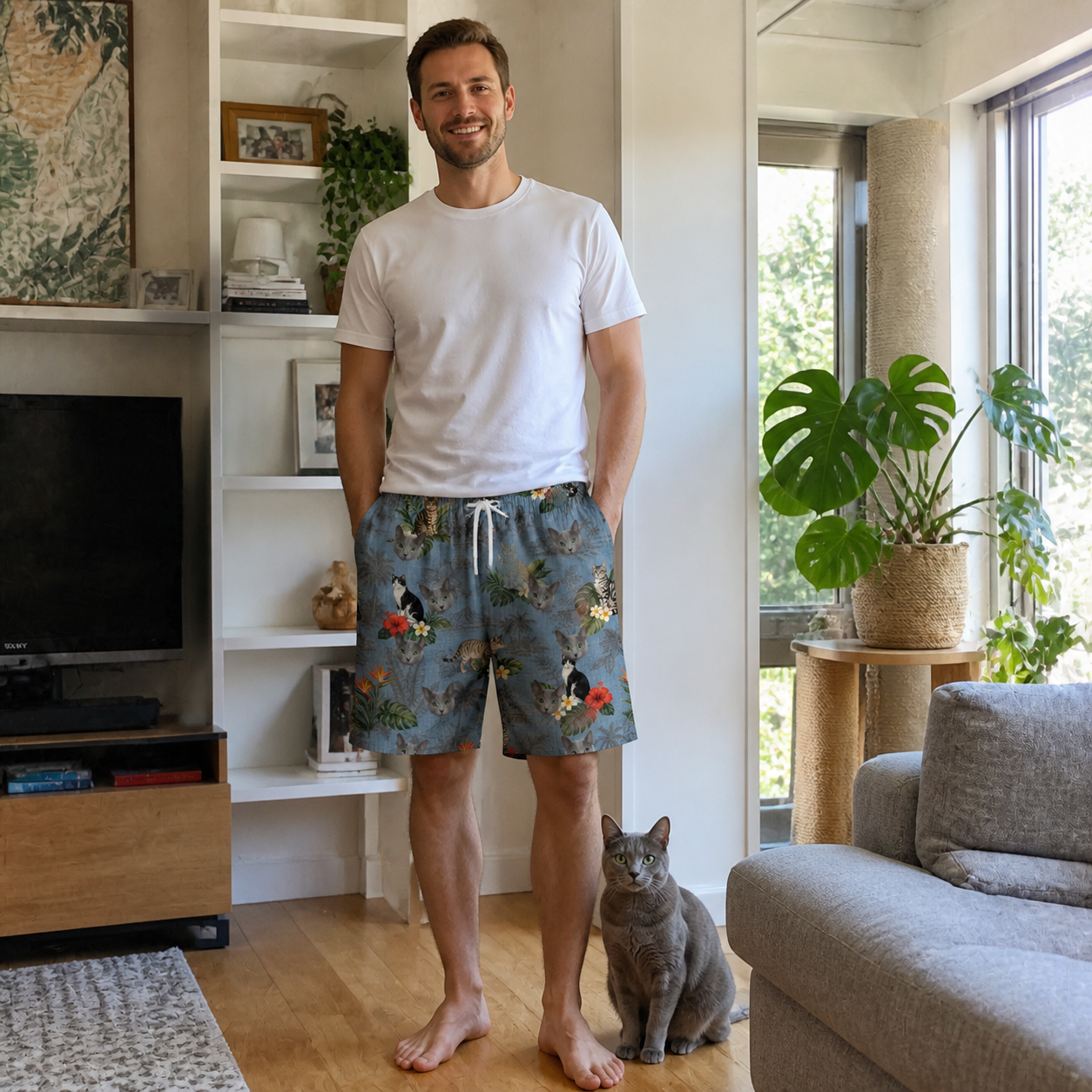 Full-length photo with the pet printed all over this Men's Kitten Kaboodle Custom Cat Face Beach Shorts