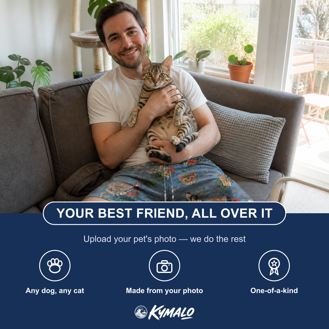 Friends in matching Men's Kitten Kaboodle Custom Cat Face Beach Shorts — a group gift photo