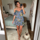 Full-length photo with the pet printed all over this Women's Kitten Kaboodle Custom Cat Face Off-Shoulder Dress