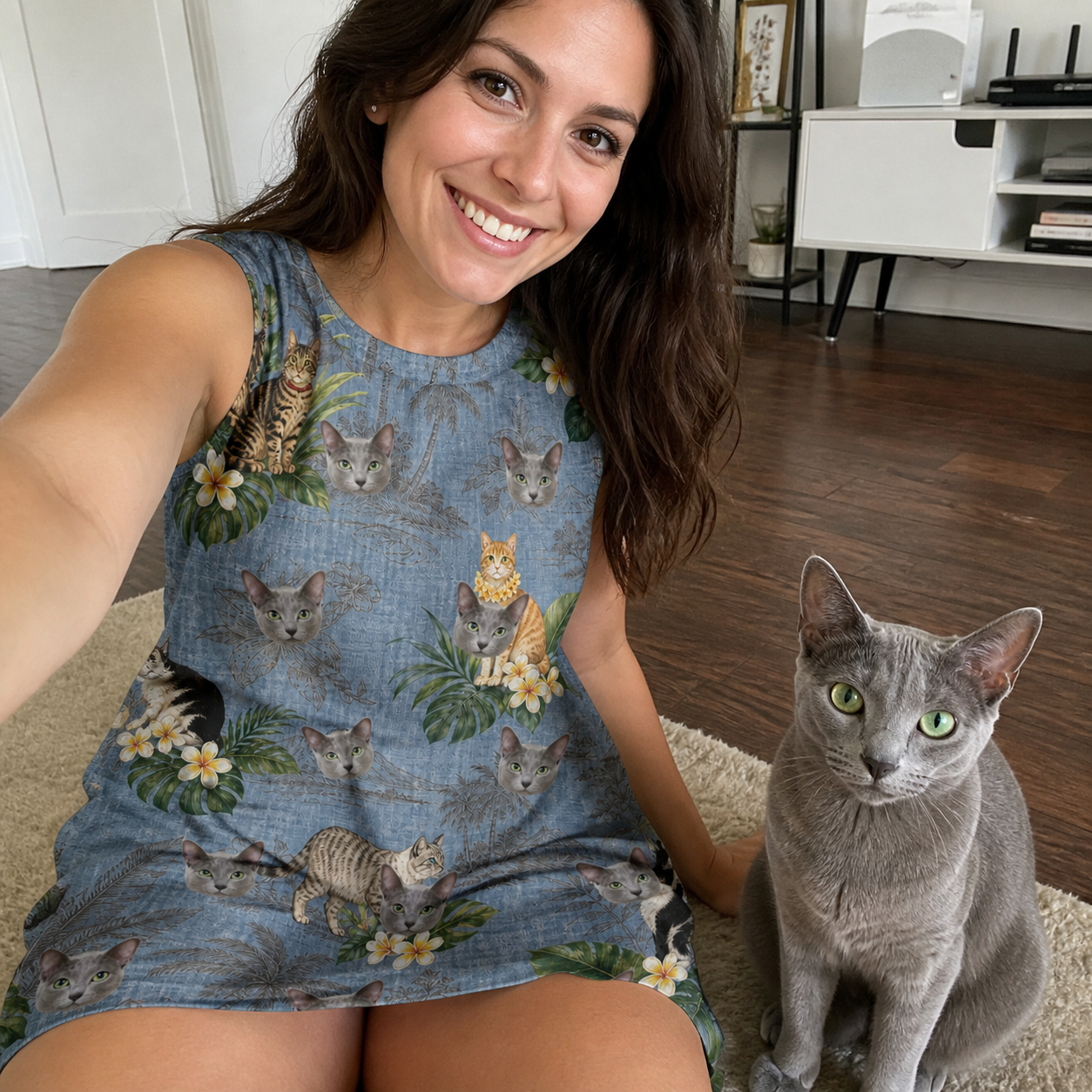 Selfie with the pet whose face is printed all over this Women's Kitten Kaboodle Custom Cat Face Tank Dress