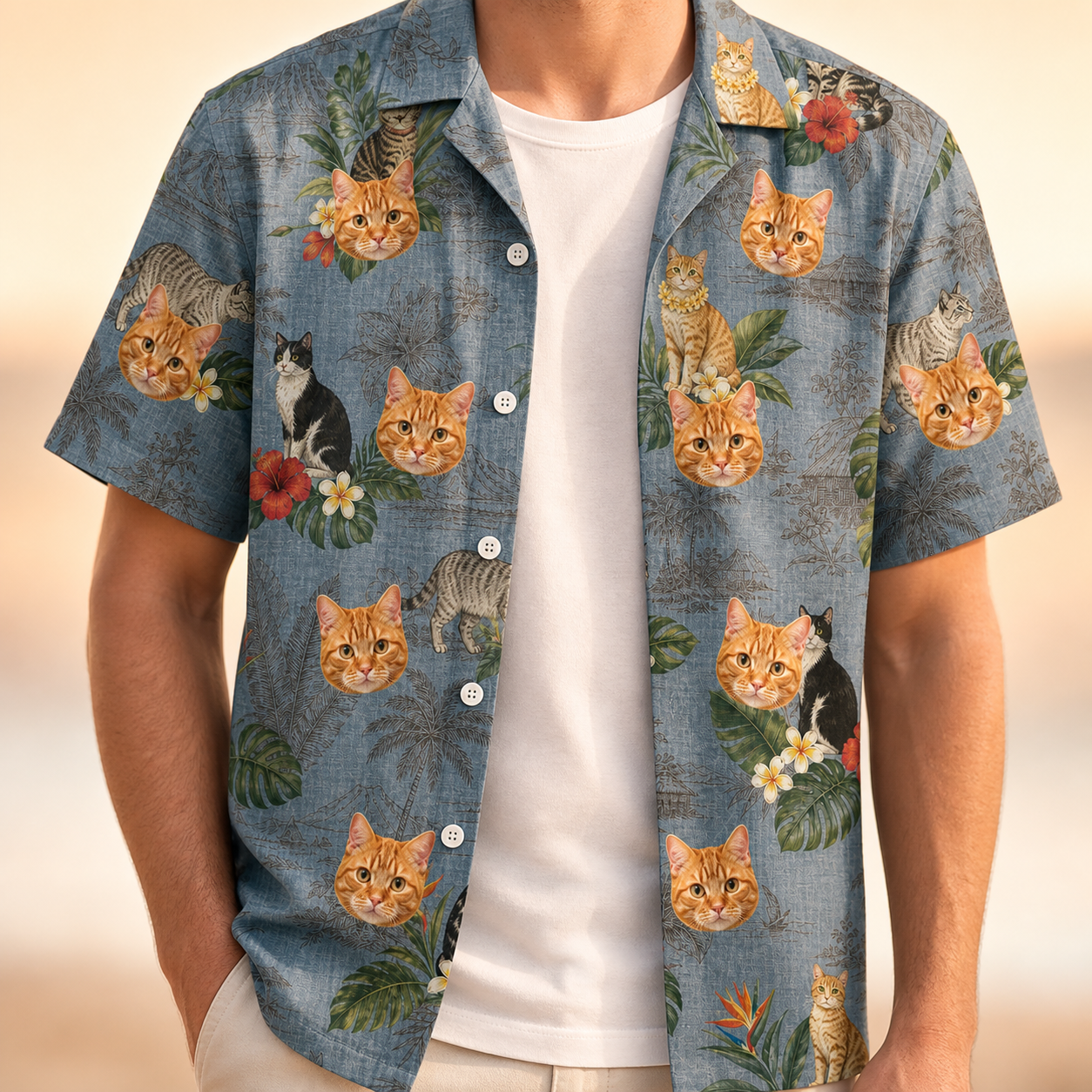 Man wearing Men's Kitten Kaboodle Custom Cat Face Hawaiian Shirt open over a white tee
