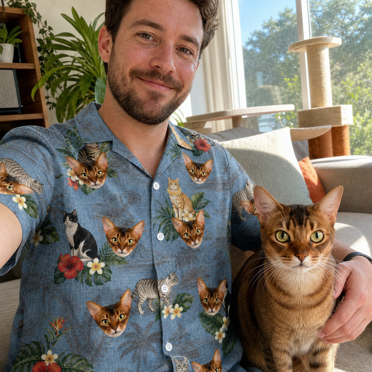 Selfie with the pet whose face is printed all over this Men's Kitten Kaboodle Custom Cat Face Hawaiian Shirt