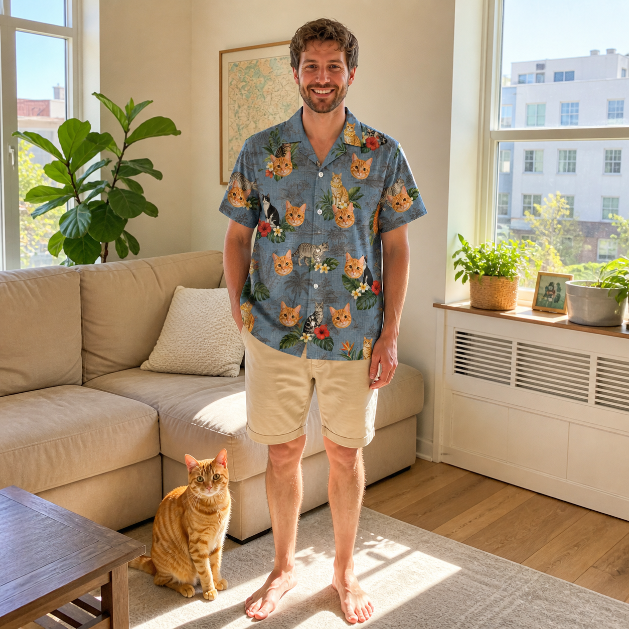 Full-length photo with the pet printed all over this Men's Kitten Kaboodle Custom Cat Face Hawaiian Shirt