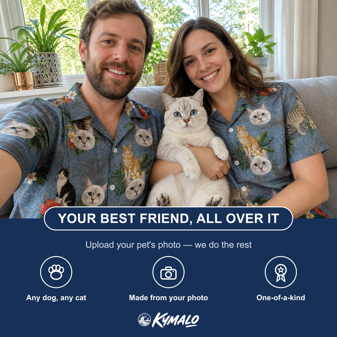 Friends in matching Men's Kitten Kaboodle Custom Cat Face Hawaiian Shirt — a group gift photo
