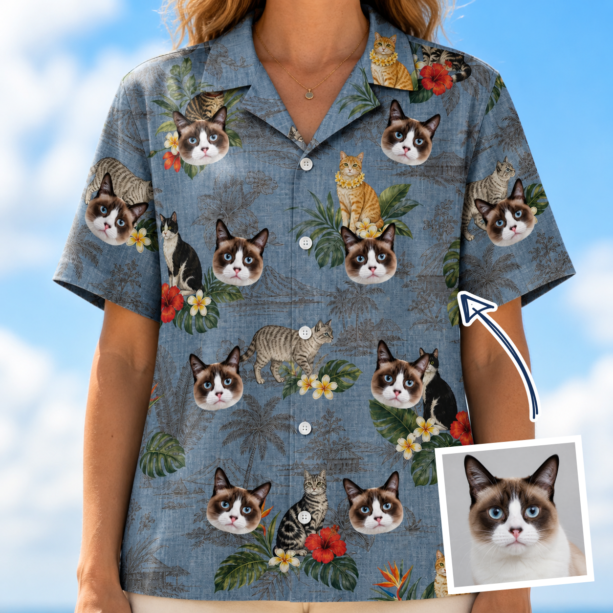 Woman wearing Women's Kitten Kaboodle Custom Cat Face Hawaiian Shirt — custom faces printed all-over
