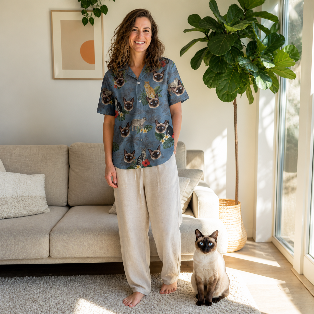 Full-length photo with the pet printed all over this Women's Kitten Kaboodle Custom Cat Face Hawaiian Shirt
