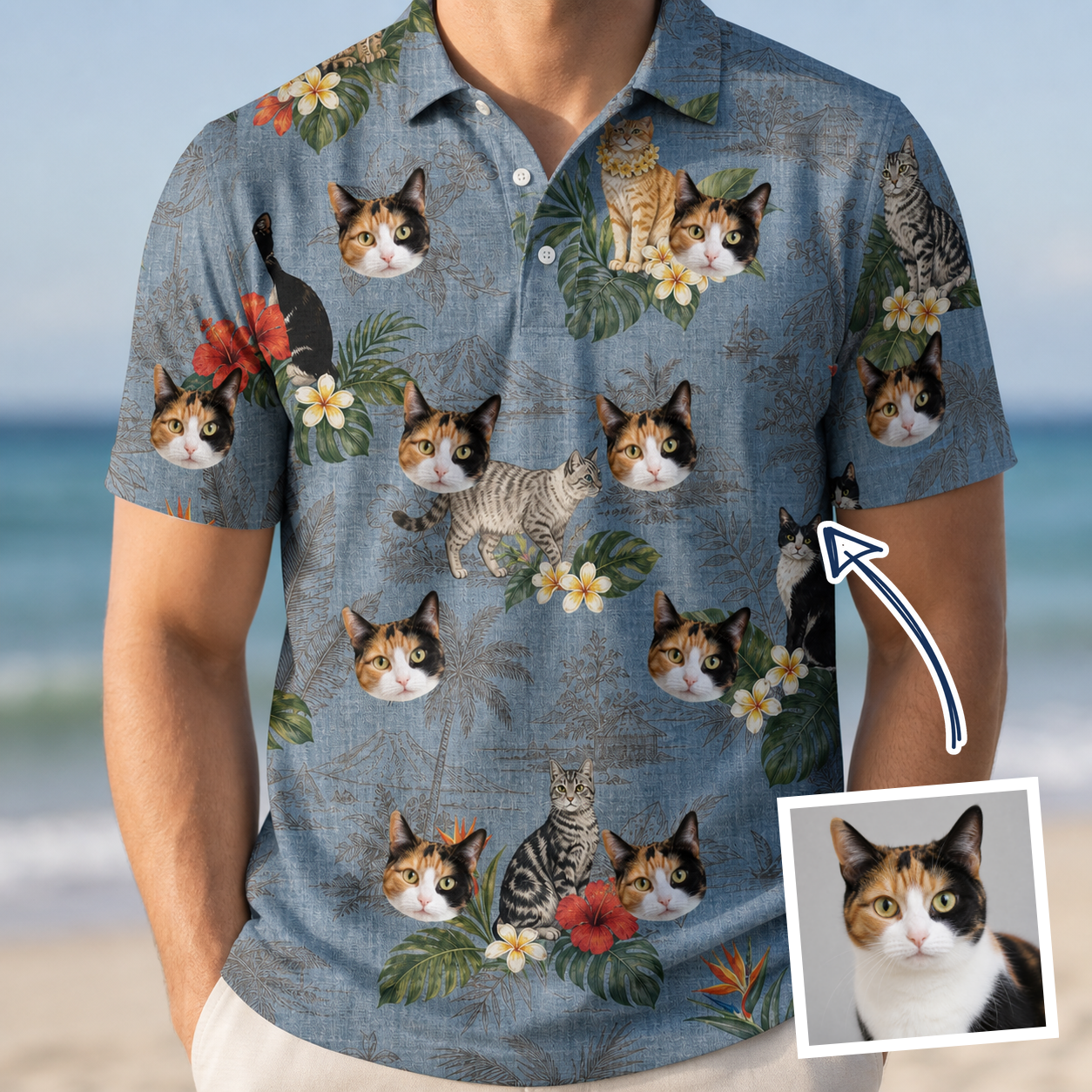Man wearing Men's Kitten Kaboodle Custom Cat Face Polo Shirt — custom faces printed all-over