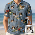 Man wearing Men's Kitten Kaboodle Custom Cat Face Polo Shirt — custom faces printed all-over