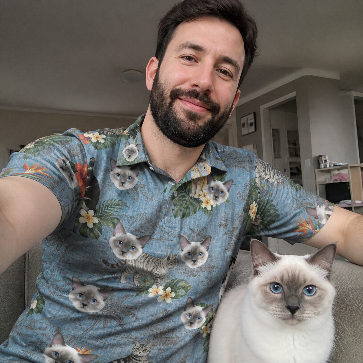 Selfie with the pet whose face is printed all over this Men's Kitten Kaboodle Custom Cat Face Polo Shirt