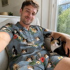 Selfie with the pet whose face is printed all over this Men's Kitten Kaboodle Custom Cat Face Shirt & Shorts Set