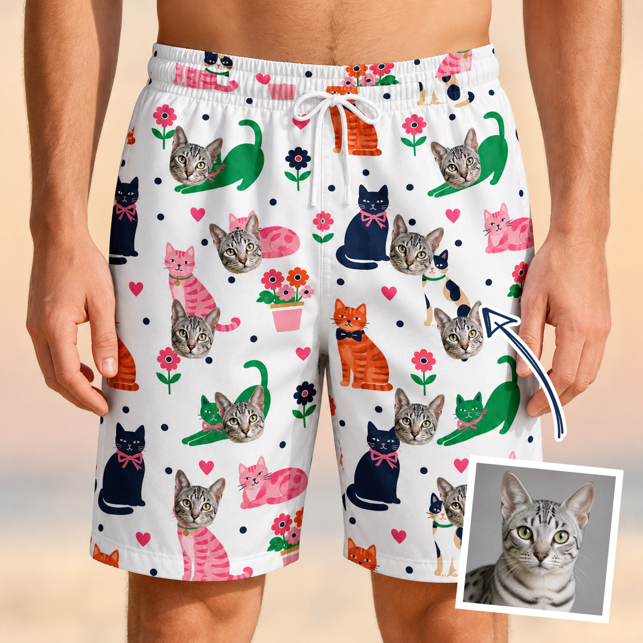 Man wearing Men's Furball Follies Custom Cat Face Beach Shorts — custom faces printed all-over