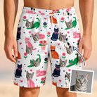 Man wearing Men's Furball Follies Custom Cat Face Beach Shorts — custom faces printed all-over