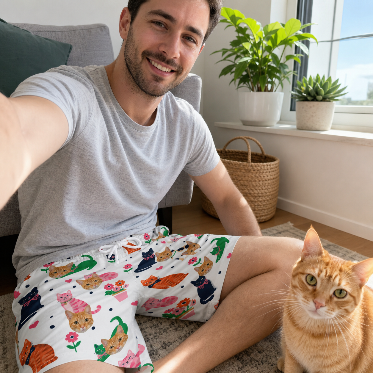 Selfie with the pet whose face is printed all over this Men's Furball Follies Custom Cat Face Beach Shorts