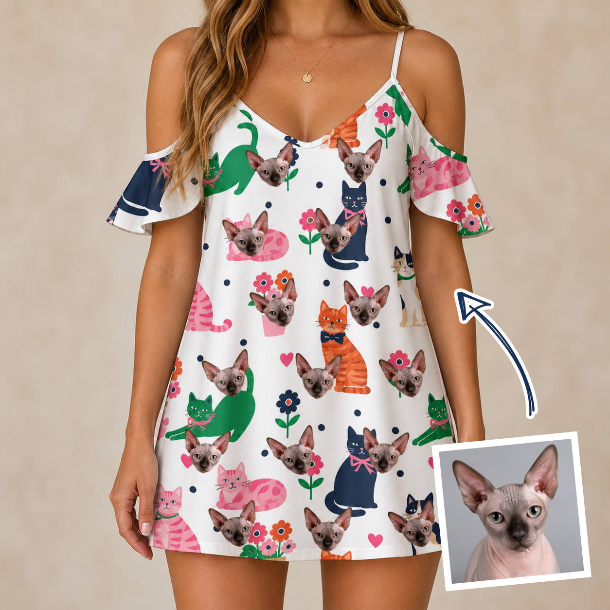 Woman wearing Women's Furball Follies Custom Cat Face Off-Shoulder Dress — custom faces printed all-over