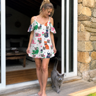 Full-length photo with the pet printed all over this Women's Furball Follies Custom Cat Face Off-Shoulder Dress