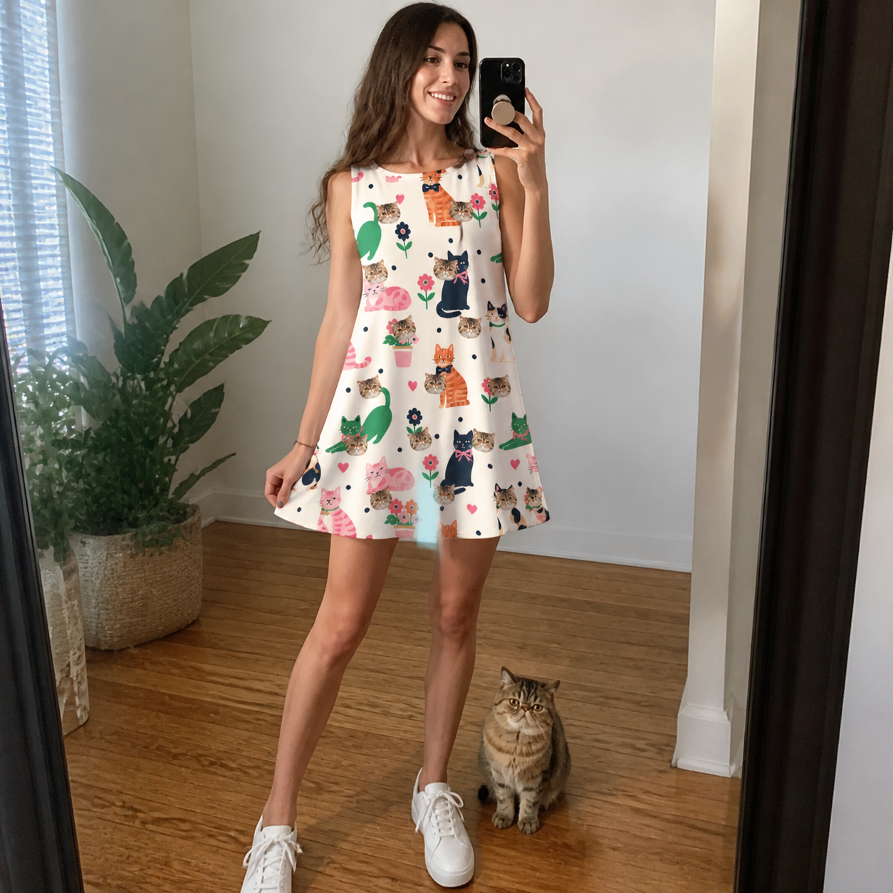 Full-length photo with the pet printed all over this Women's Furball Follies Custom Cat Face Tank Dress