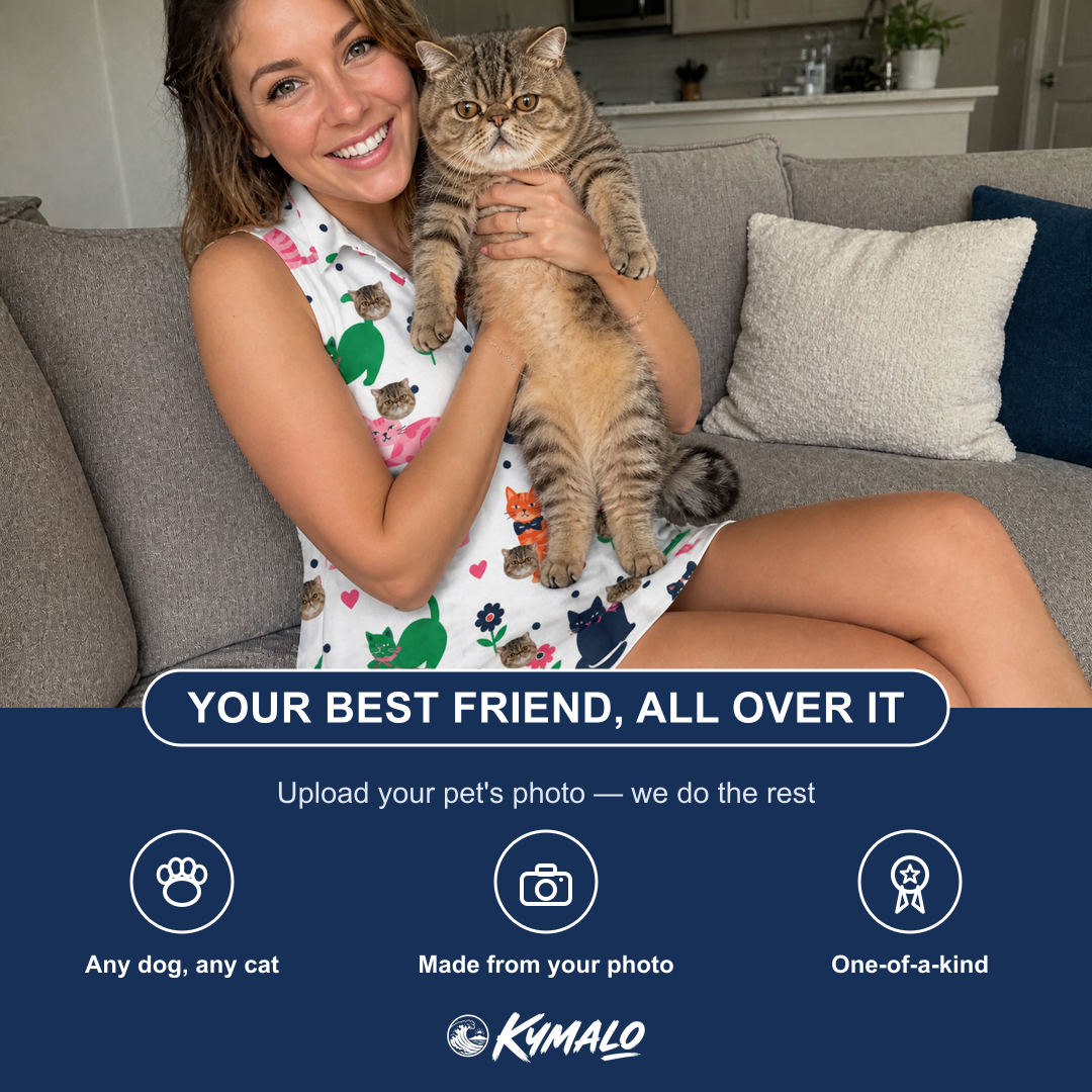 Friends in matching Women's Furball Follies Custom Cat Face V-Neck Dress — a group gift photo