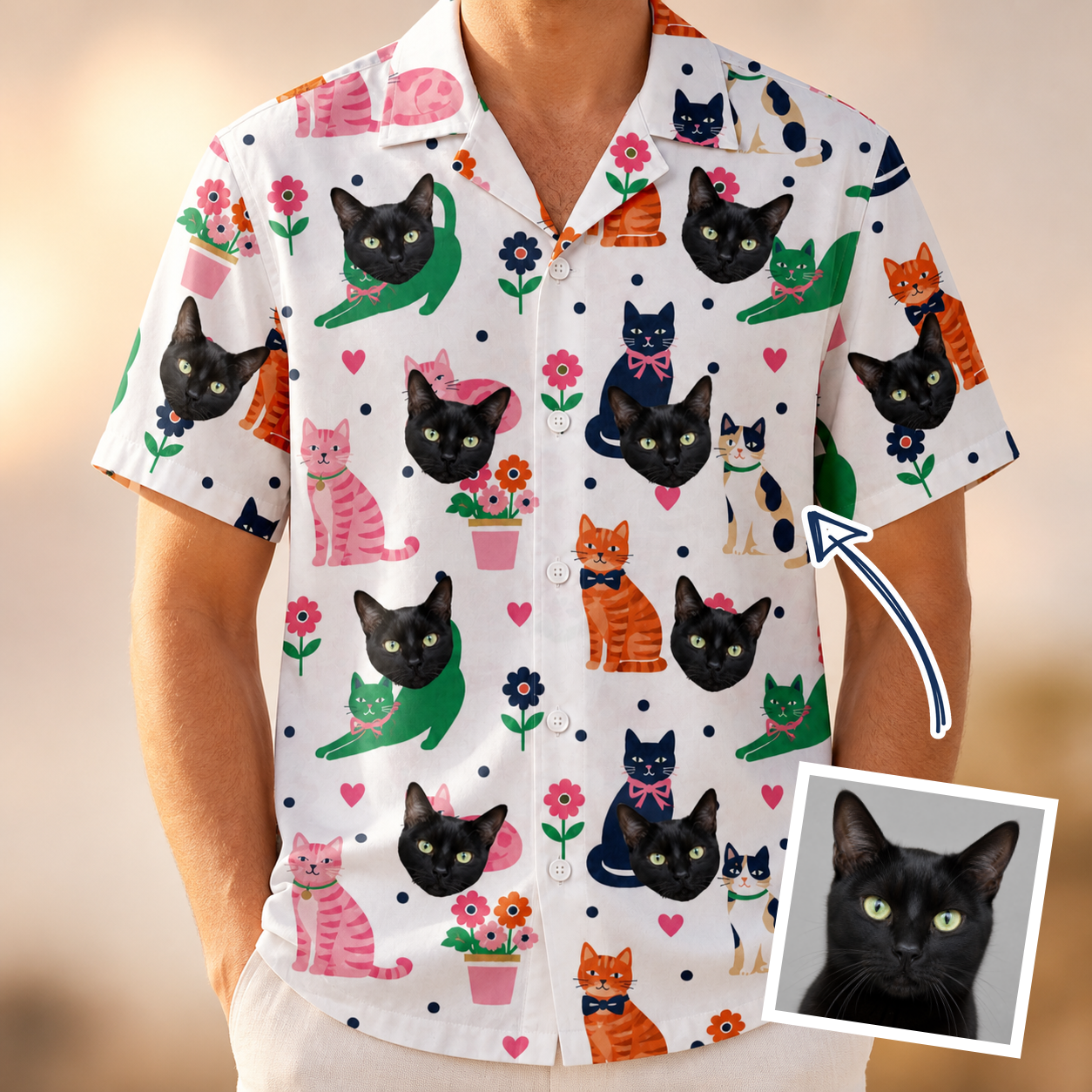 Man wearing Men's Furball Follies Custom Cat Face Hawaiian Shirt — custom faces printed all-over