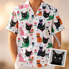 Man wearing Men's Furball Follies Custom Cat Face Hawaiian Shirt — custom faces printed all-over