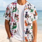 Man wearing Men's Furball Follies Custom Cat Face Hawaiian Shirt open over a white tee