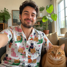 Selfie with the pet whose face is printed all over this Men's Furball Follies Custom Cat Face Hawaiian Shirt