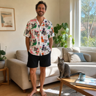 Full-length photo with the pet printed all over this Men's Furball Follies Custom Cat Face Hawaiian Shirt