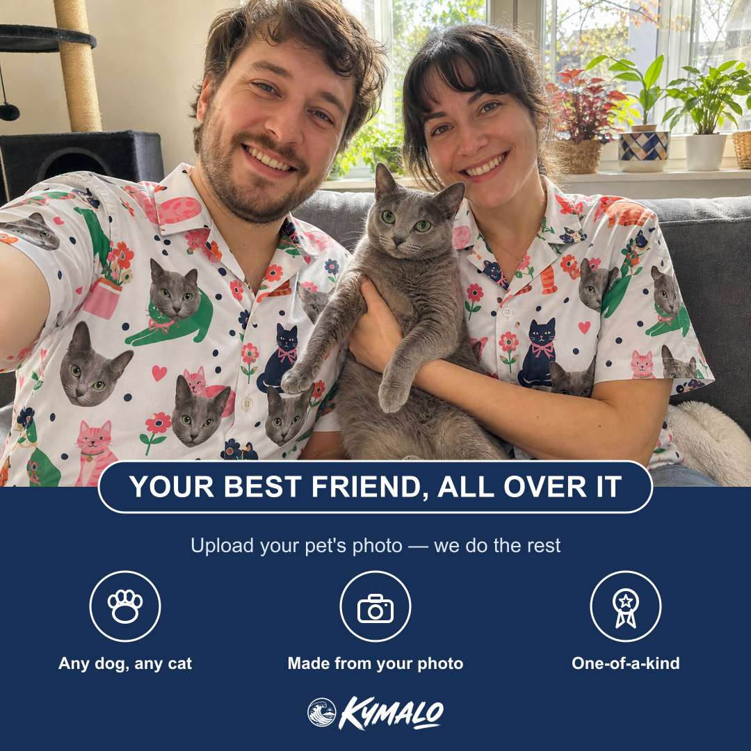 Friends in matching Men's Furball Follies Custom Cat Face Hawaiian Shirt — a group gift photo