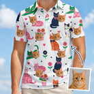 Man wearing Men's Furball Follies Custom Cat Face Polo Shirt — custom faces printed all-over