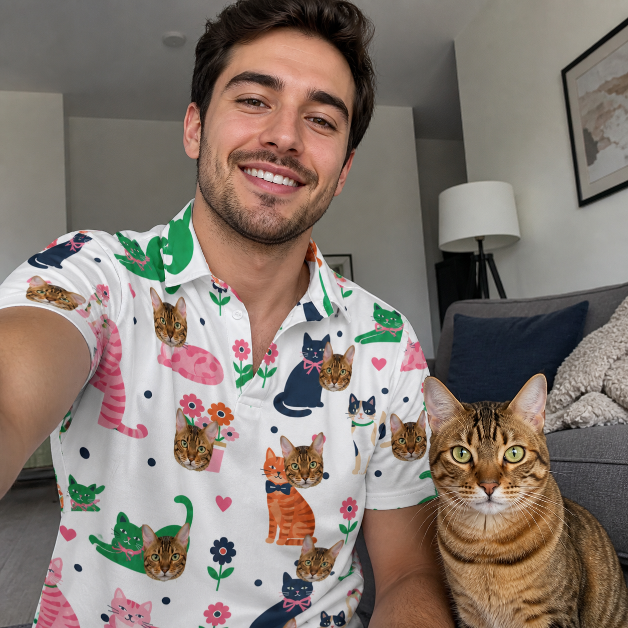 Selfie with the pet whose face is printed all over this Men's Furball Follies Custom Cat Face Polo Shirt