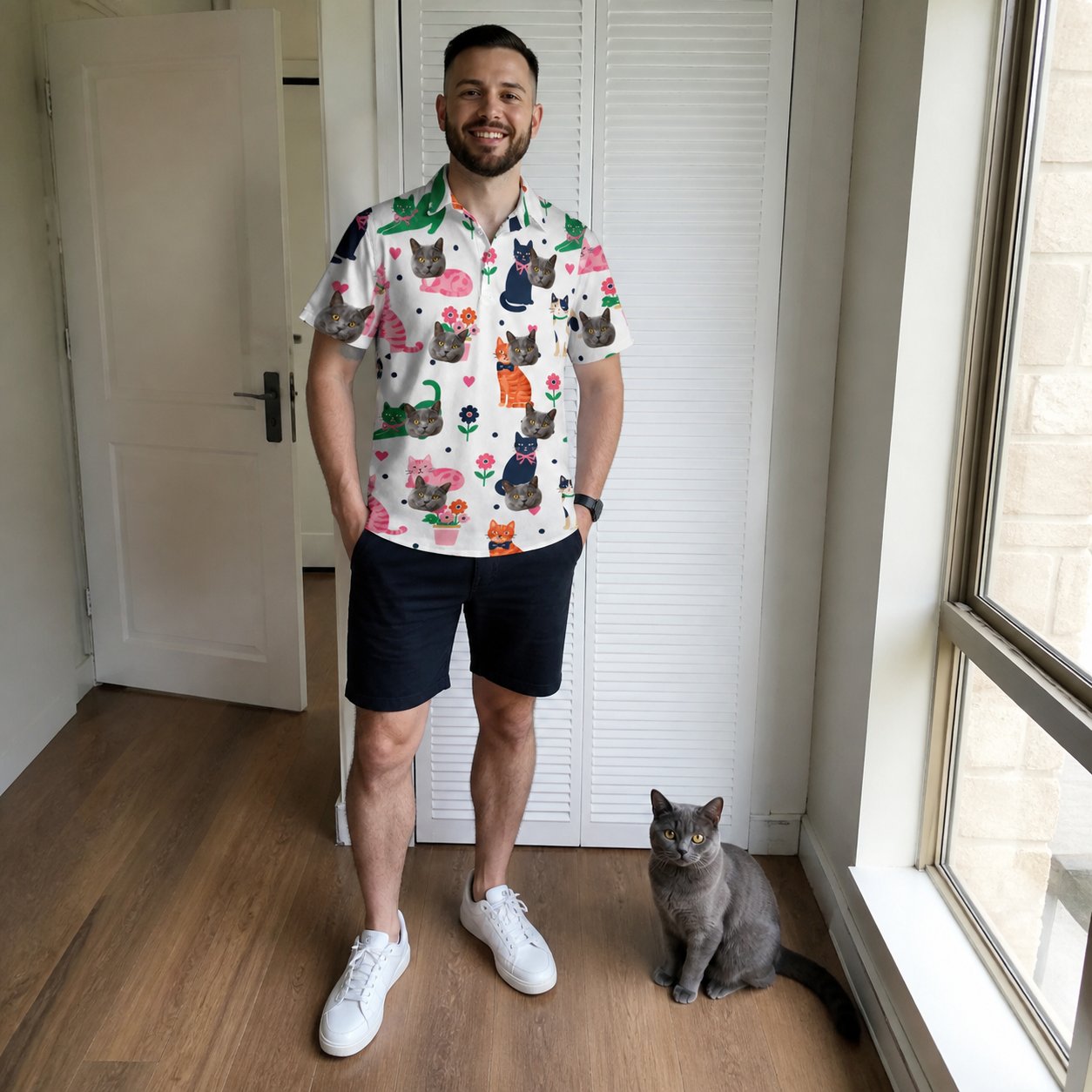 Full-length photo with the pet printed all over this Men's Furball Follies Custom Cat Face Polo Shirt
