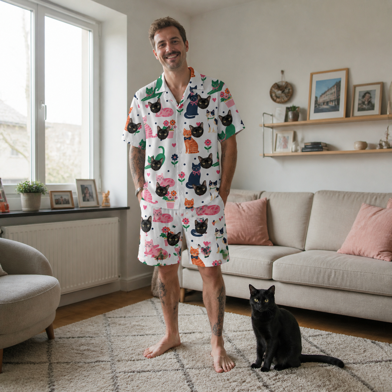 Full-length photo with the pet printed all over this Men's Furball Follies Custom Cat Face Shirt & Shorts Set