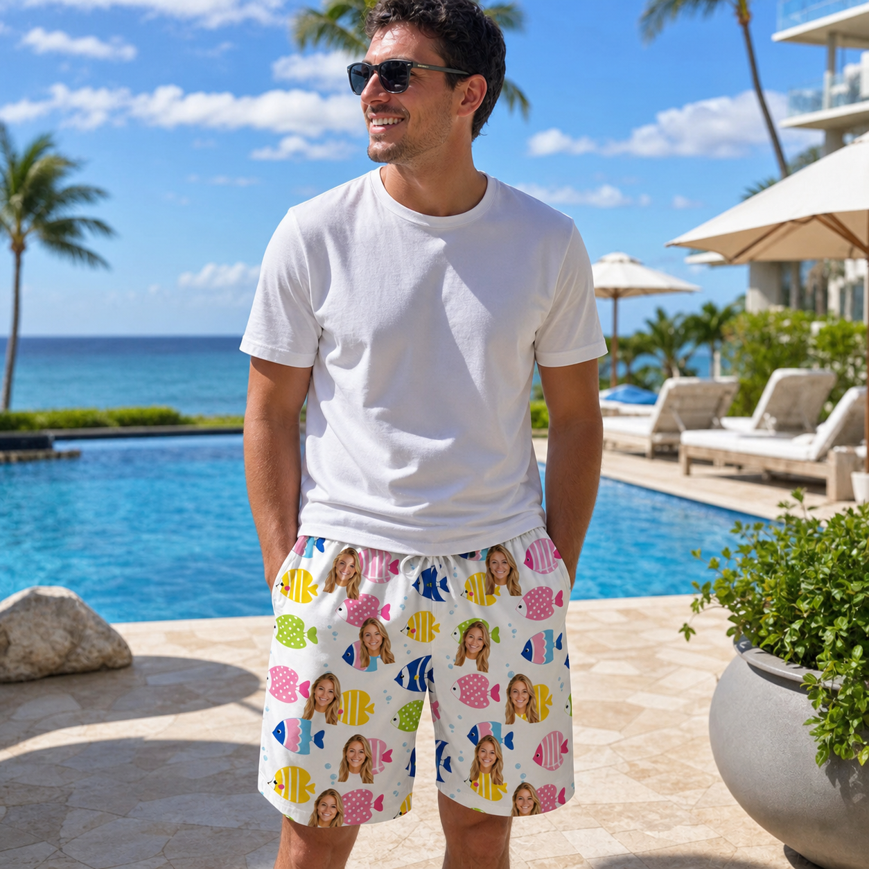 Real-life photo of someone wearing Men's Guppy Gyrations Custom Face Beach Shorts — custom faces printed all-over